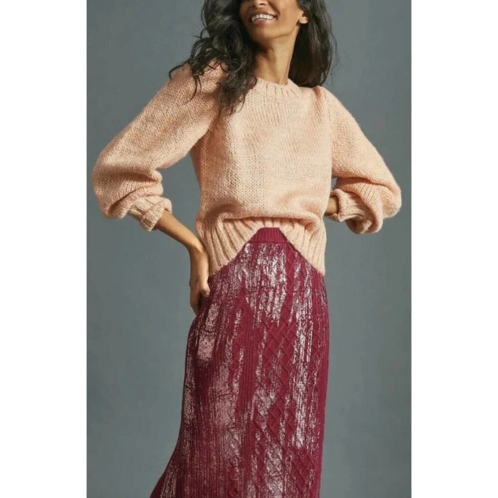 NEW ANTHROPOLOGIE SKIRT KNIT BURGUNDY RED METALLIC FESTIVE PARTY WOOL ALPACA - Picture 4 of 13